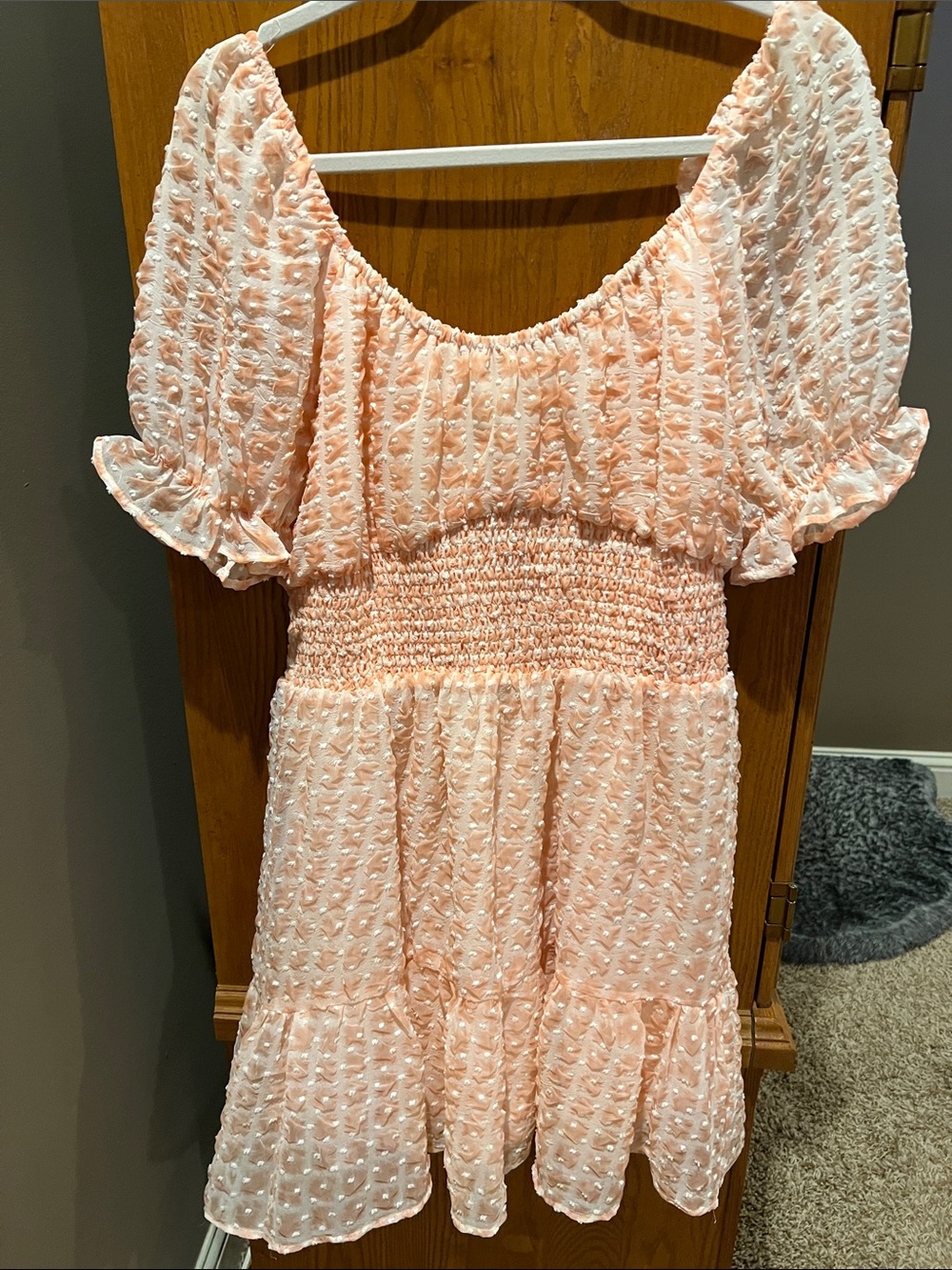 Peach Puff Smocked Mini Dress with Puff Sleeves